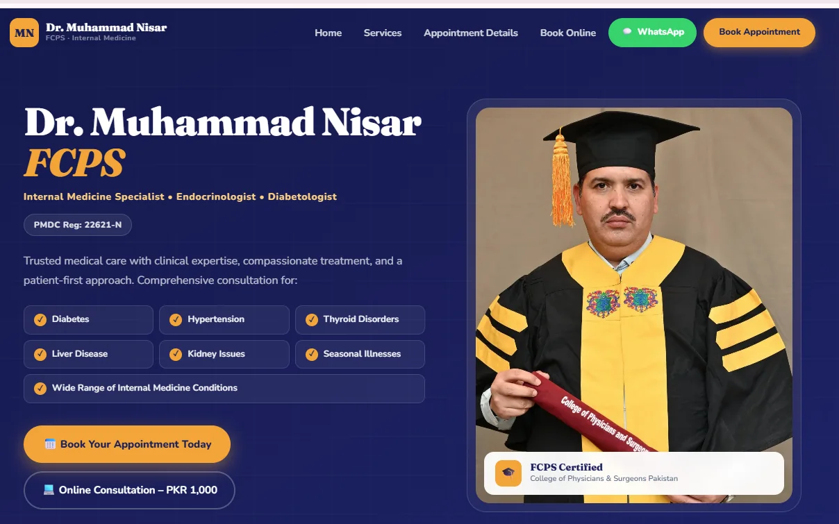 Consult with Dr. Nisar homepage: specialist profile, treated conditions, and appointment booking