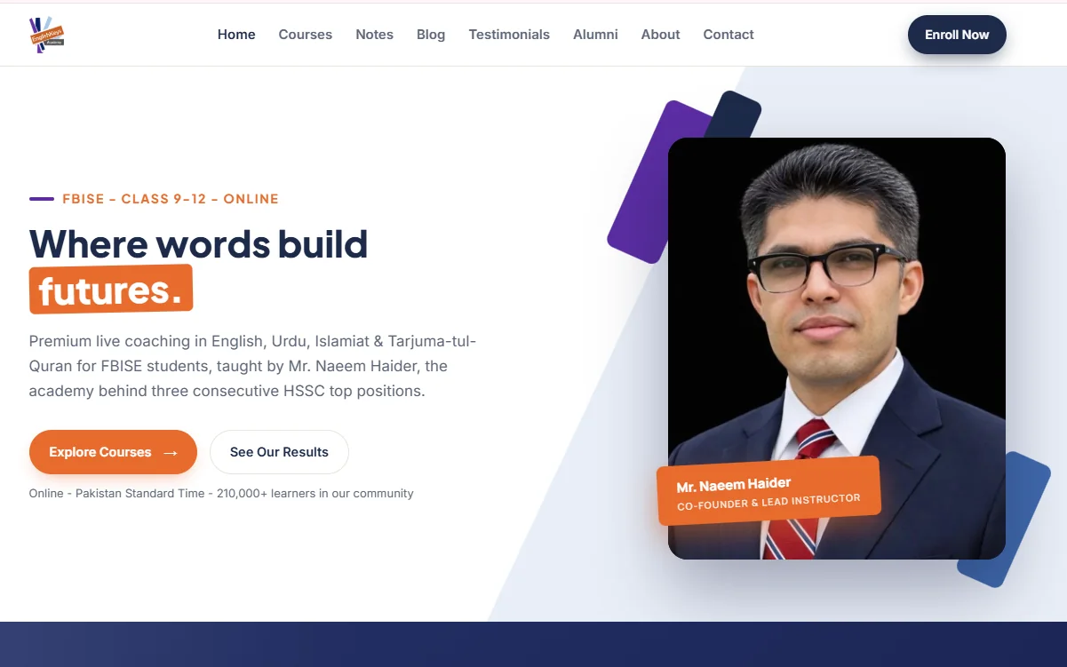 EnglishKeys Academy homepage: FBISE live coaching, course navigation, and instructor profile