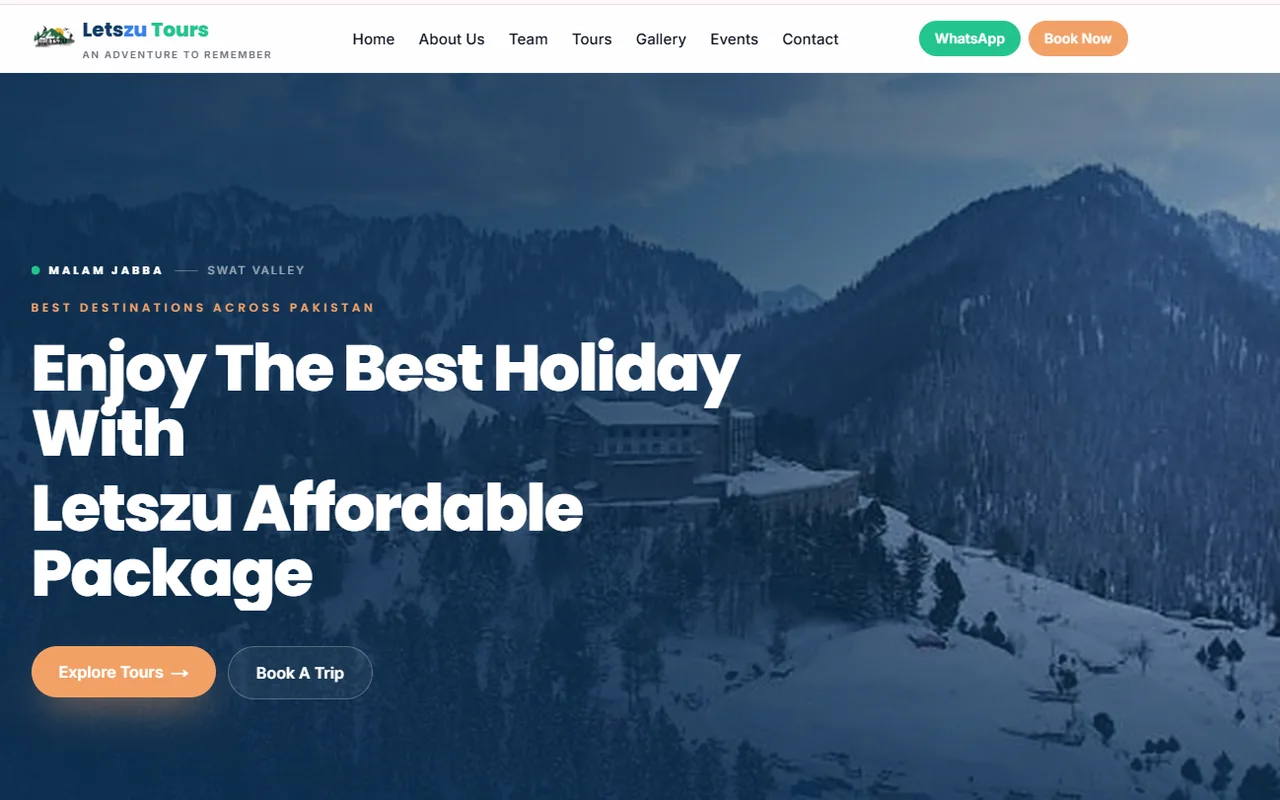 Letszu Tours homepage: destination slider covering Malam Jabba, Hunza, Naran, and Murree